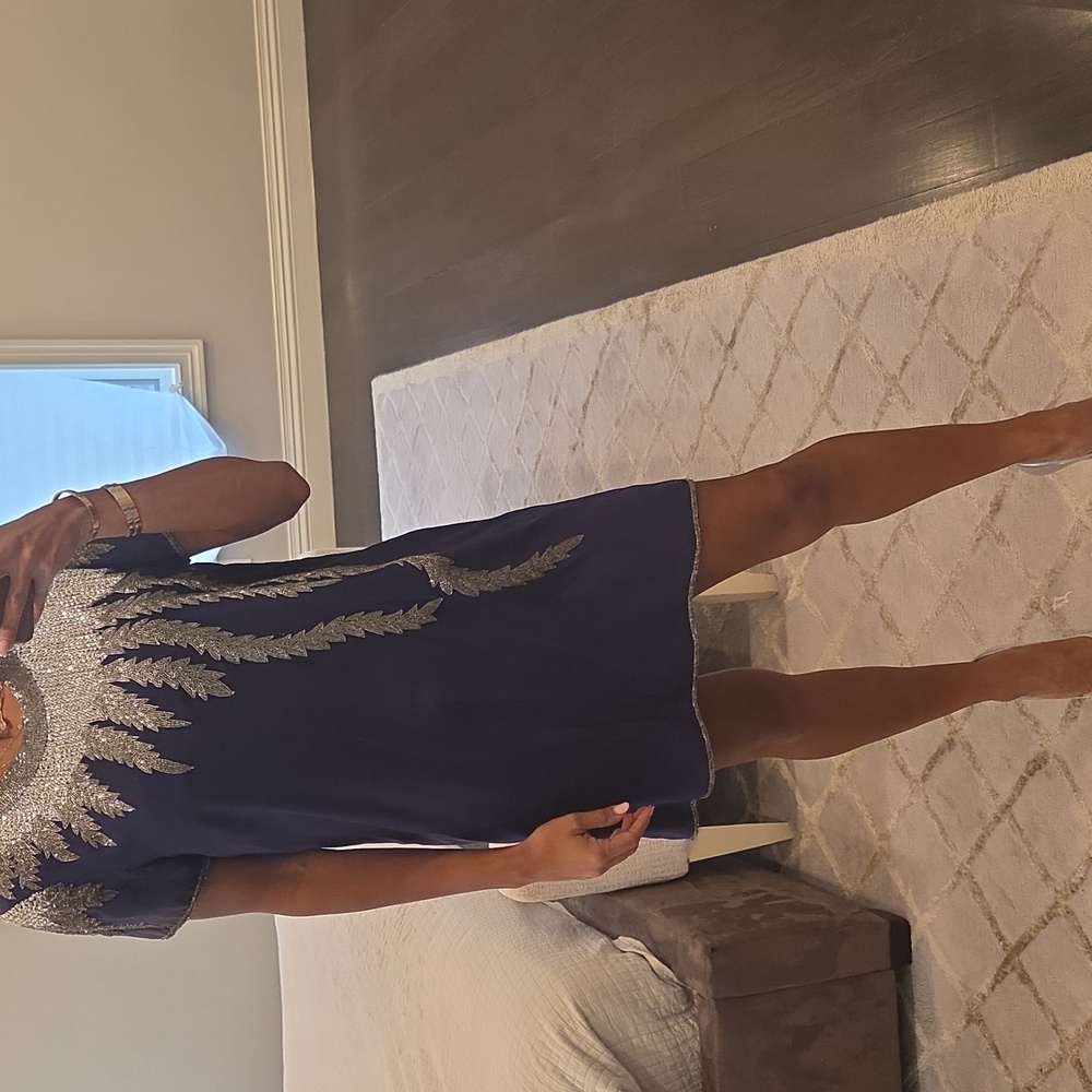 WOMEN'S PARKER SILK NAVY BLUE & SILVER BEJEWELED SEQUIN COCKTAIL MINI DRESS $350